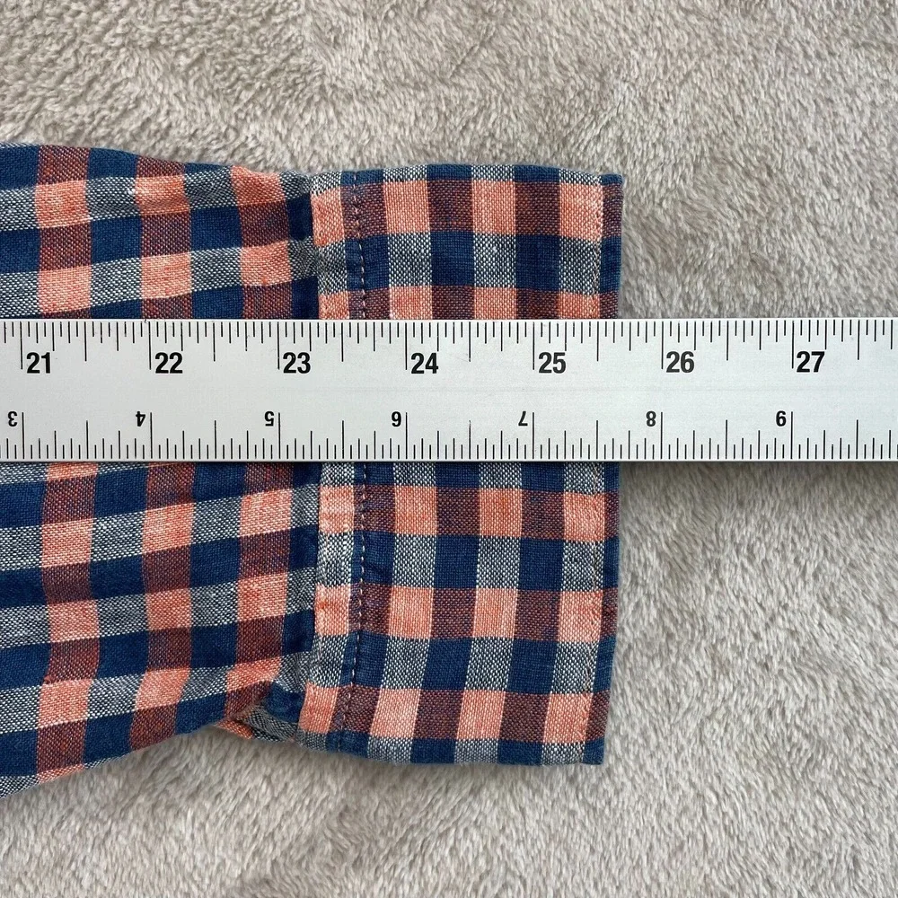 Banana Republic Shirt Men Large Blue Orange Check 100%‎ Linen Camden Fit Preppy